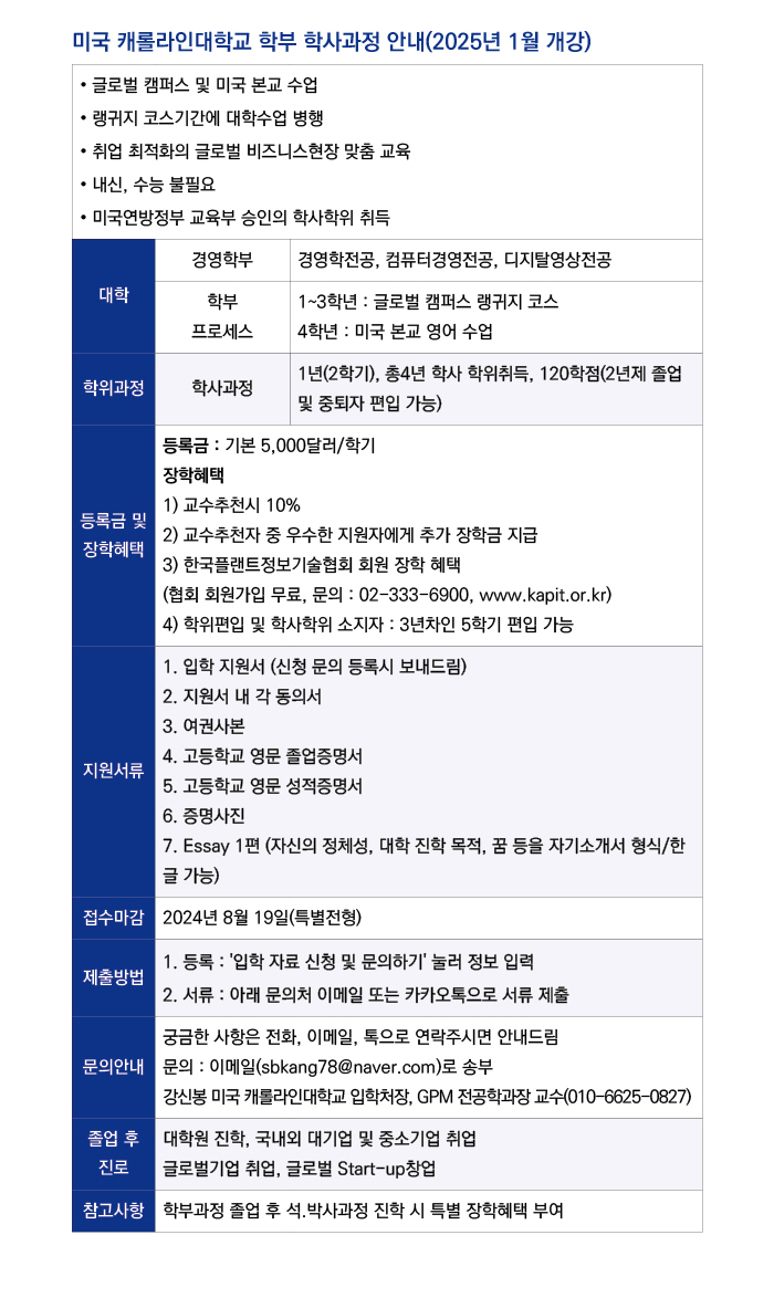 미국 캐롤라인대학교 학사과정 신청안내